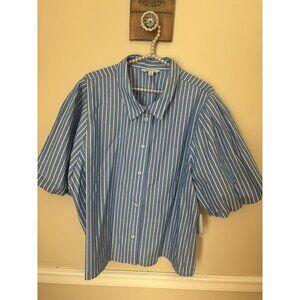 NWT Ophelia Roe Plus Size 3X Blue White Plaid Blouse Puff Sleeves Cotton
